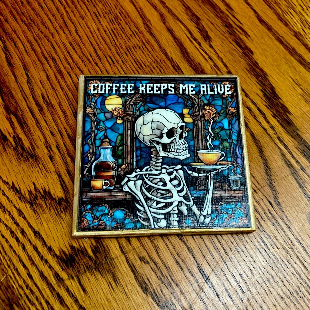 ☕️💀SKELLETON💜COFFEE💀☕️4x4 decorated tile w/cork back.Heat&water resistant🌟NEW🌟